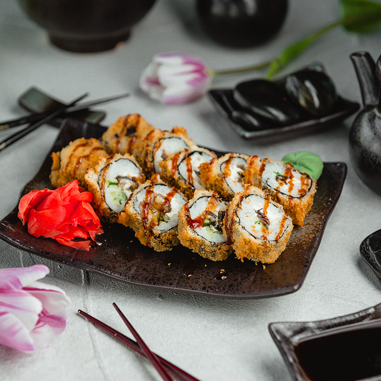 fried sushi with ginger and wasabi